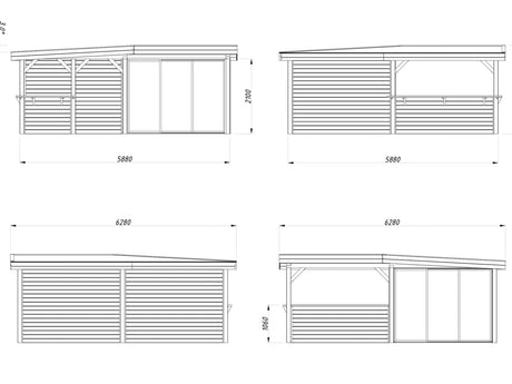 Lenna 24.9m2 Set 410/710 (5.88x5.88m) L-kujuline lamekatusega kolme lükanduksega paviljon väliköögi osaga