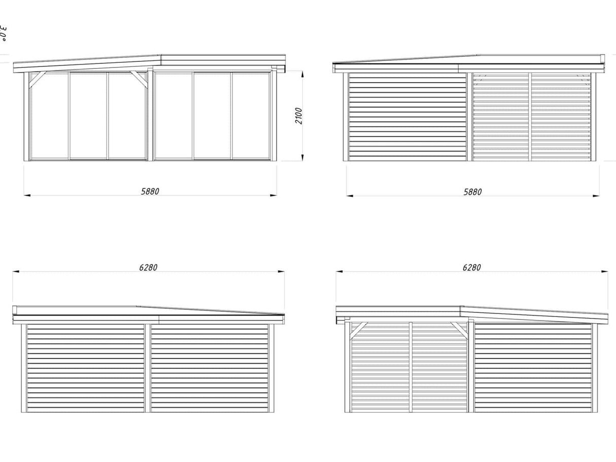 Lenna 24.9m2 Set 413/713 (5.88x5.88m) L-kujuline lamekatusega kahe lükandukse ja võreseinaga paviljon