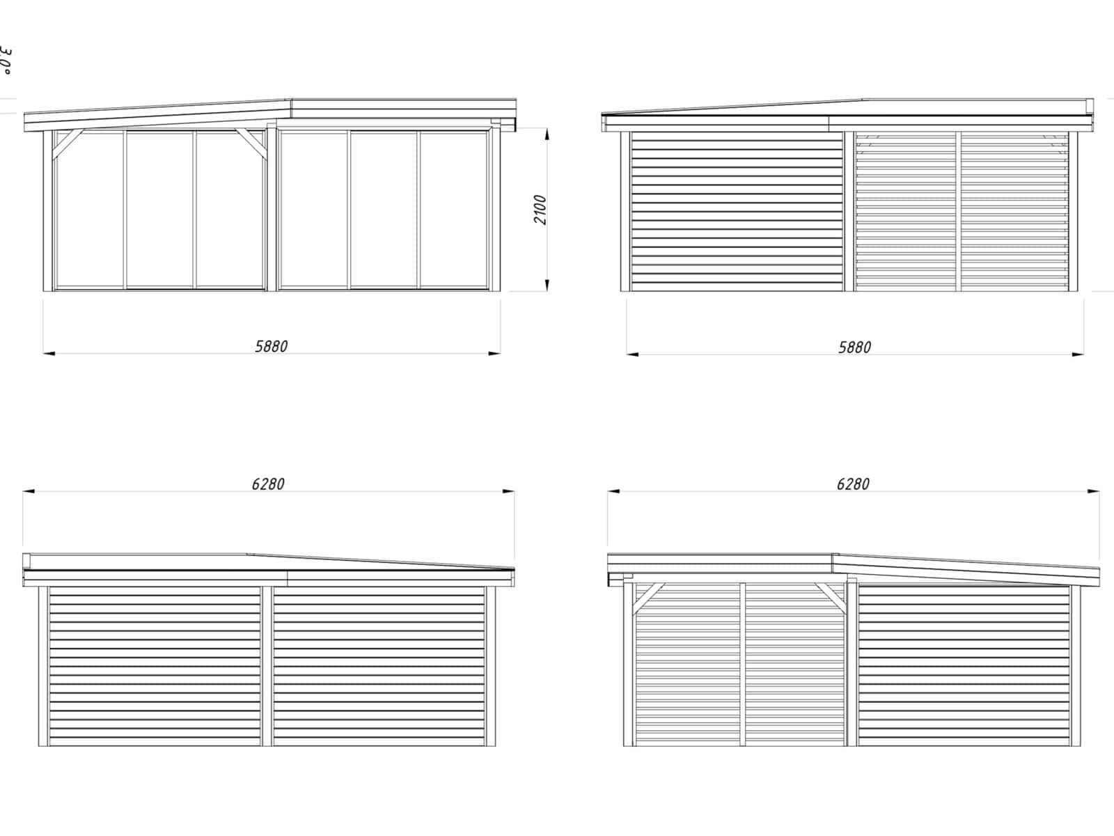 Lenna 24.9m2 Set 413/713 (5.88x5.88m) L-kujuline lamekatusega kahe lükandukse ja võreseinaga paviljon
