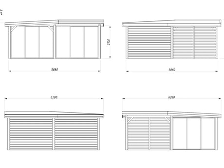 Lenna 24.9m2 Set 414/714 (5.88x5.88m) L-kujuline lamekatusega kolme lükandukse ja võreseinaga paviljon