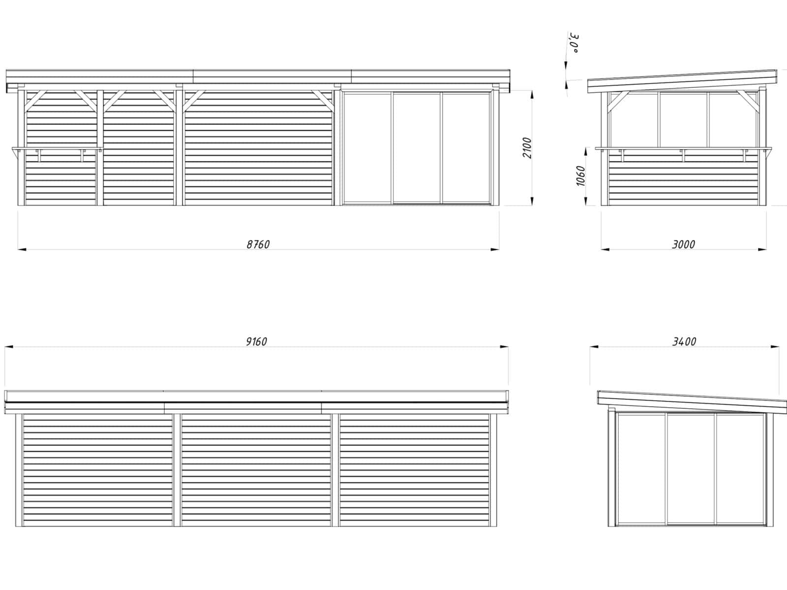 Lenna 24.9m2 Set 416/716 (8.76x3m) Lamekatuse ja kolme lükanduksega suur paviljon väliköögi osaga