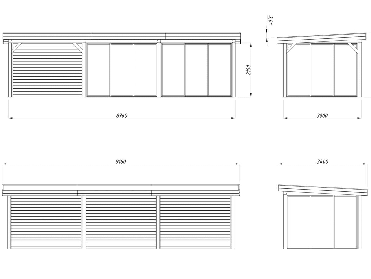 Lenna 24.9m2 Set 418/718 (8.76x3m) Lamekatuse ja nelja lükanduksega suur paviljon varikatusega