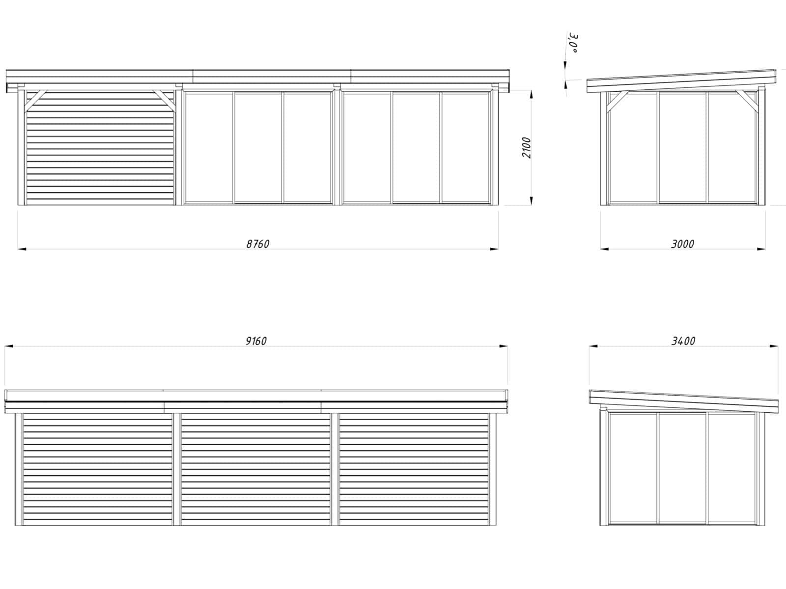 Lenna 24.9m2 Set 418/718 (8.76x3m) Lamekatuse ja nelja lükanduksega suur paviljon varikatusega