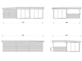 Lenna 33.2m2 Set 420/720 (8.76x5.88m) L-kujuline lamekatuse, kolme lükandukse ja väliköögi osaga paviljon