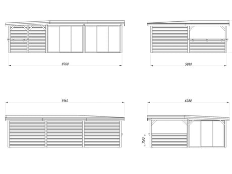 Lenna 33.2m2 Set 421/721 (8.76x5.88m) L-kujuline lamekatuse, nelja lükandukse ja väliköögi osaga paviljon