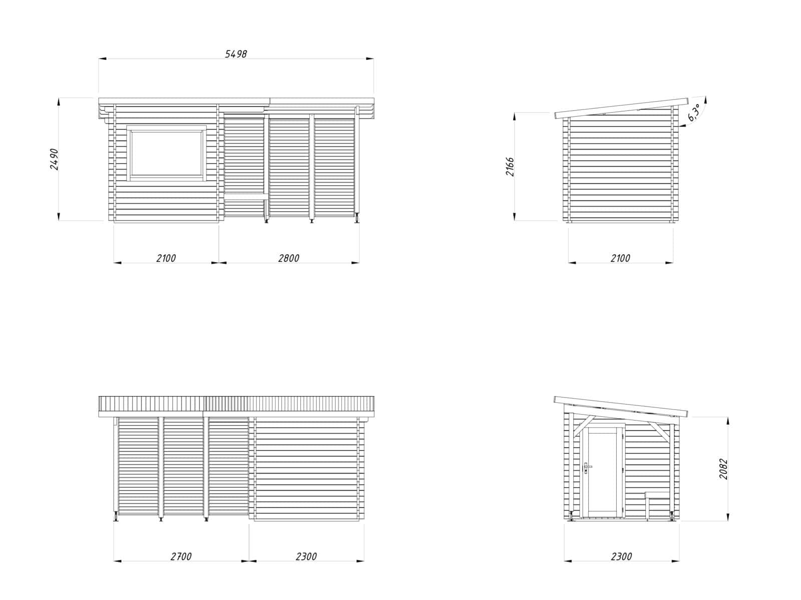 Sanna 4.1+5.9m2 (4.9x2.1m | 44mm) Kompaktne saunamajake varikatusega