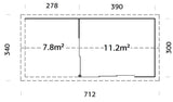 Amanda 11.2+7.8m2 (6.68x3m | 44mm) Lükanduste ja modernse nurgalahendusega aiamaja varikatusega