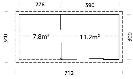 Amanda 11.2+7.8m2 (6.68x3m | 44mm) Lükanduste ja modernse nurgalahendusega aiamaja varikatusega