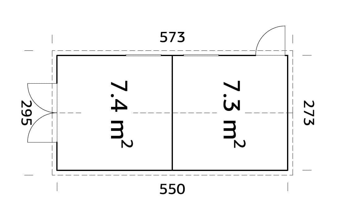 Dan 14.7m2 (2.73x5.5m | 16mm) Valmis seinaelementidest suur kaheruumiline aiakuur