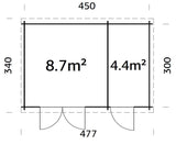 Ella 13.1m2 (4.5x3m | 28mm) Kahe ruumiga klaasustega aiakuur