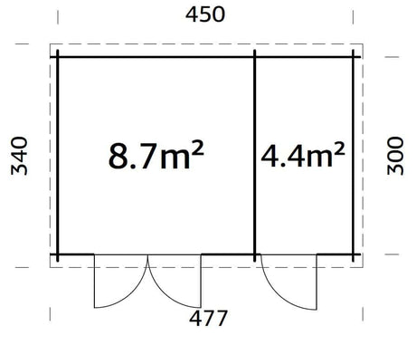 Ella 13.1m2 (4.5x3m | 28mm) Kahe ruumiga klaasustega aiakuur