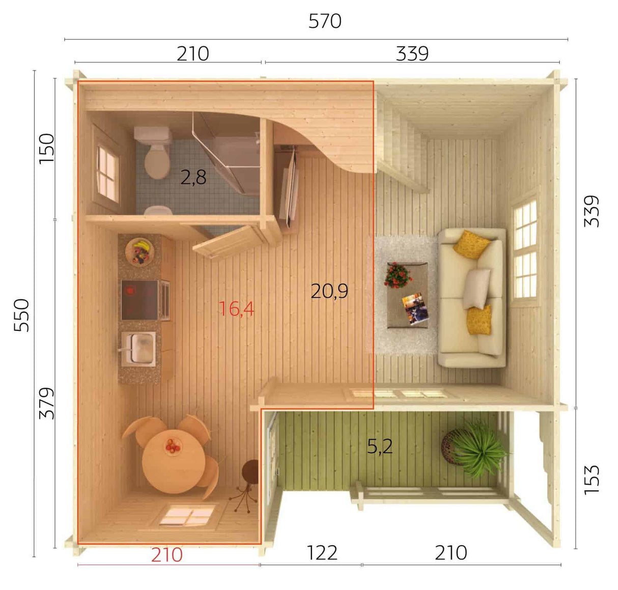 Emily 40.1+5.2m2 (5.7x5.5m | 70mm) Freesprussist suvila