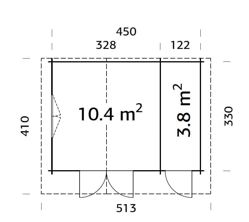 Emma 14.2m2 (4.5x3.3m | 34mm) Alpi stiilis freespruss-aiamaja kuuriosaga