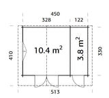 Emma 14.2m2 (4.5x3.3m | 34mm) Alpi stiilis freespruss-aiamaja kuuriosaga