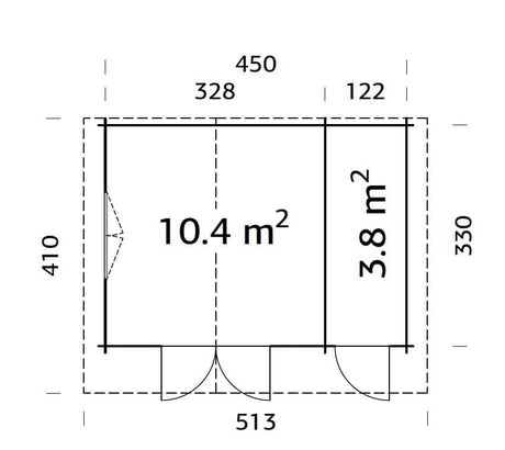 Emma 14.2m2 (4.5x3.3m | 34mm) Alpi stiilis freespruss-aiamaja kuuriosaga