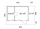 Grace 12.4+4.1m2 (4.45x2.9m | 56mm) Liimpuitelementidest aiamaja pisikese varikatusega