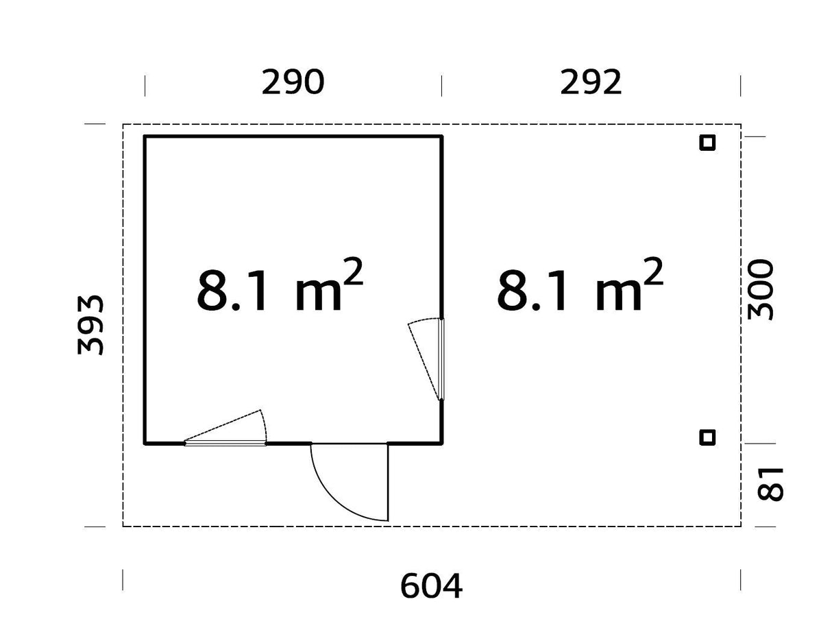 Grace 8.1+8.1m2 5.6x2.9m | 56mm) Liimpuitelementidest aiamaja koos varikatusega