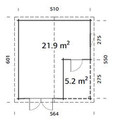 Irene 21,9+5,2 m2 (5.1x5.5m | 44mm) Varjualusega freespruss-aiamaja