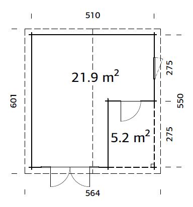 Irene 21,9+5,2 m2 (5.1x5.5m | 44mm) Varjualusega freespruss-aiamaja