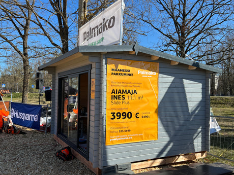 NÄIDIS: Värvitud Ines 11.1m2 (3.9x3m | 44mm) Lükandustega freespruss-aiamaja