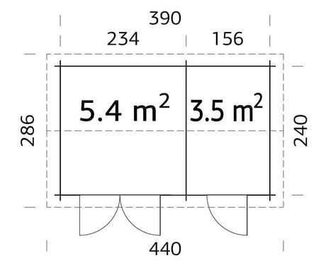 Jari 8.9m2 (3.9x2.4m | 28mm) Kaheruumiline freespruss-aiakuur