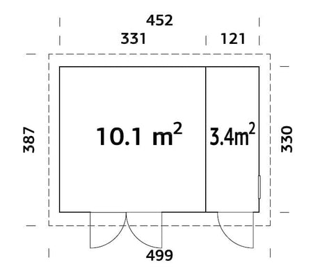 Kalle 13.5m2 (4.52x3.3m | 18mm) Valmis seinaelementidest kaheruumiline kaldkatusega aiakuur