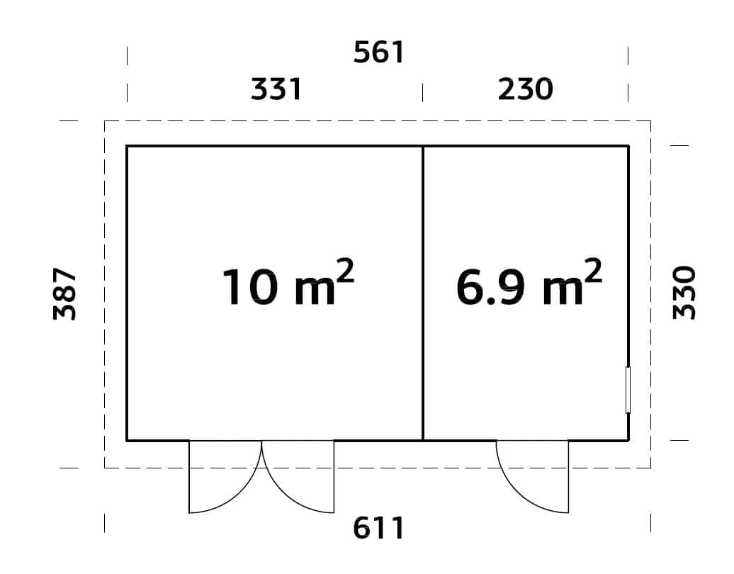 Kalle 16.9m2 (5.61x3.3m | 18mm) Valmis seinaelementidest kaheruumiline kaldkatusega aiakuur