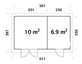 Kalle 16.9m2 (5.61x3.3m | 18mm) Valmis seinaelementidest kaheruumiline kaldkatusega aiakuur