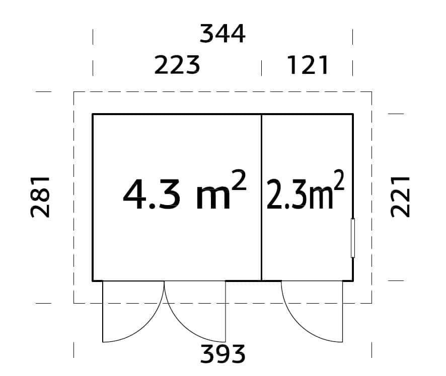 Kalle 6.6m2 (3.44x2.21m | 18mm) Kompaktne valmis seinaelementidest kaheruumiline kaldkatusega aiakuur