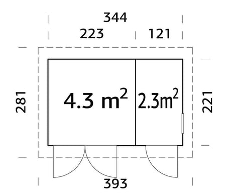 Kalle 6.6m2 (3.44x2.21m | 18mm) Kompaktne valmis seinaelementidest kaheruumiline kaldkatusega aiakuur