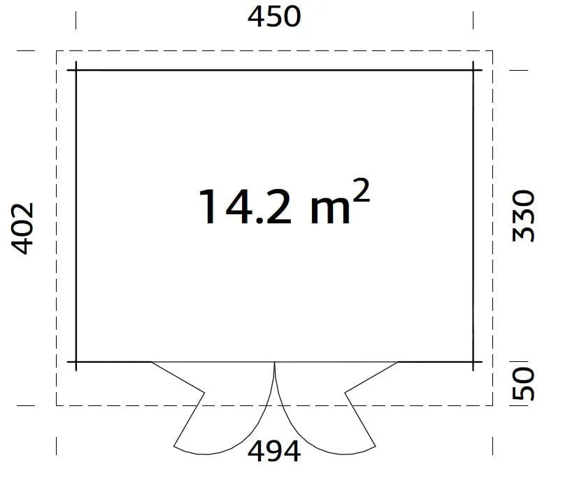 Lea 14.2m2 (4.5x3.3m | 44mm) Ruumikas freespruss-aiamaja kaldkatuse ja volditavate ustega