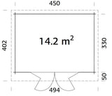 Lea 14.2m2 (4.5x3.3m | 44mm) Ruumikas freespruss-aiamaja kaldkatuse ja volditavate ustega