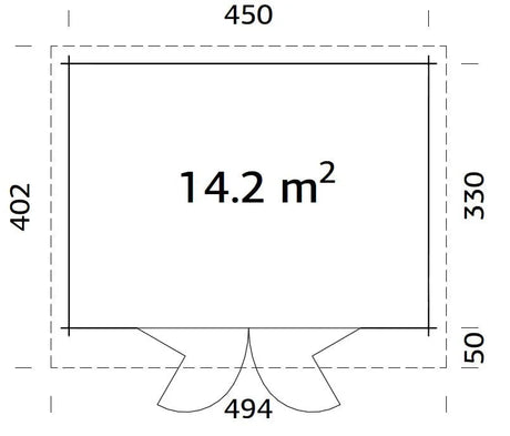 Lea 14.2m2 (4.5x3.3m | 44mm) Ruumikas freespruss-aiamaja kaldkatuse ja volditavate ustega