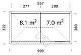 Melanie 7+8.1m2 (5.57x2.8m | 28mm) Varikatusega freesprusspaviljon
