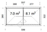 Melanie 7+8.1m2 (5.57x2.8m | 28mm) Varikatusega freesprusspaviljon