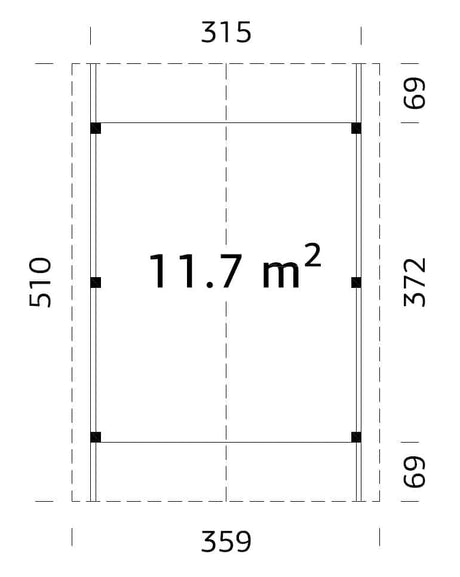 Robert 11.7 m2 (3.6x5.1m) Viilkatusega autovarjualune väiksemale autole