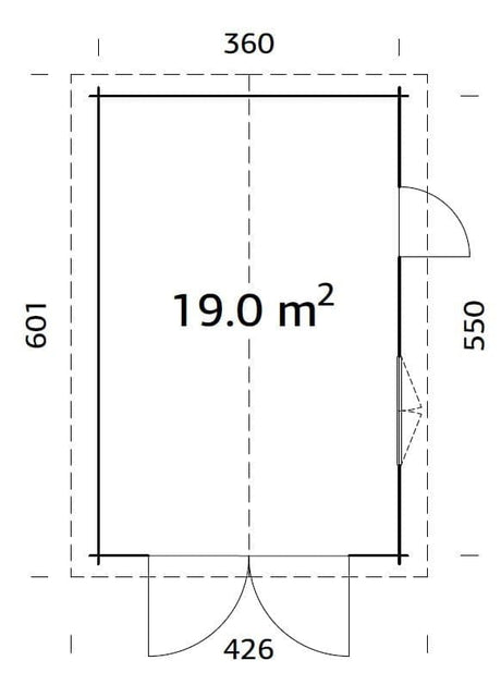 Roger 19m2 (3.8x5.7m | 44mm) Kompaktne freespruss-garaaž puidust ustega