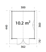Sally 10.2m2 (3x3.6m | 44mm) Kompaktne traditsiooniline freespruss-aiamaja