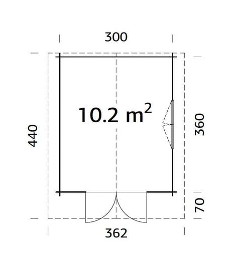 Sally 10.2m2 (3x3.6m | 44mm) Kompaktne traditsiooniline freespruss-aiamaja