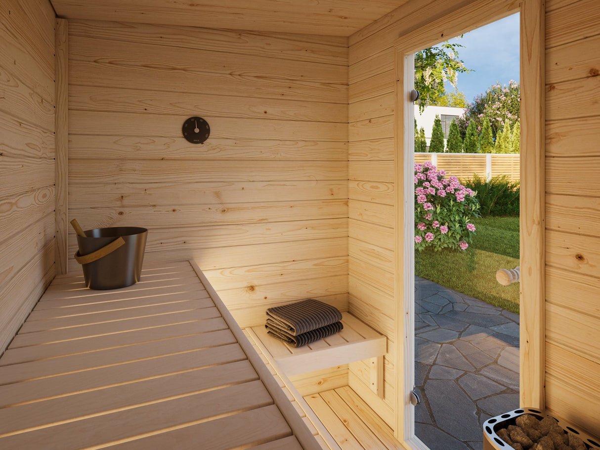 SAUNAKOMPLEKT Eir (2,6m2 | 1,8x1,6m |44mm) Aiasaun koos kerise, kivide ja katusekattega