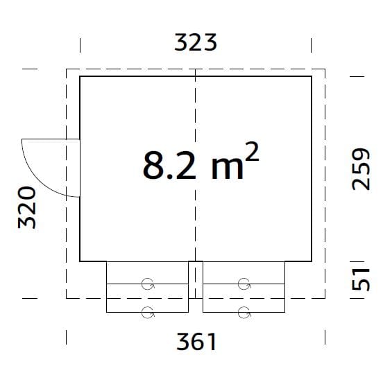 Stella 8.2m2 (3.23x2.59m | 16mm) Valmis seinaelementidest kahe luugiga kiosk