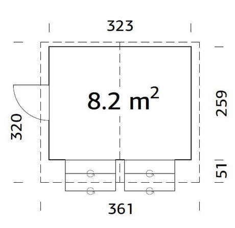 Stella 8.2m2 (3.23x2.59m | 16mm) Valmis seinaelementidest kahe luugiga kiosk